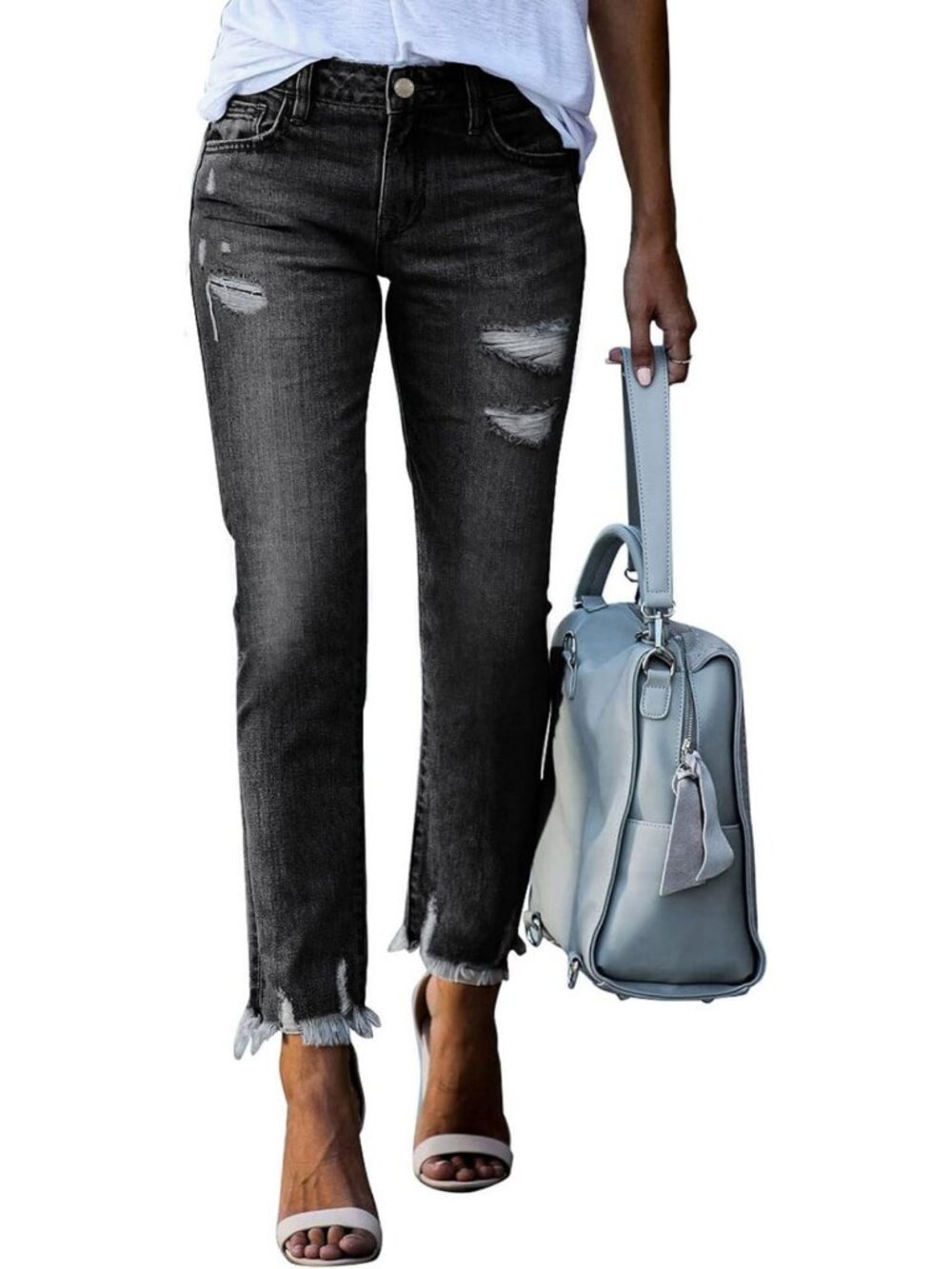 High Waisted Tummy Control Straight Ankle Ripped Jeans for Women - Trendy